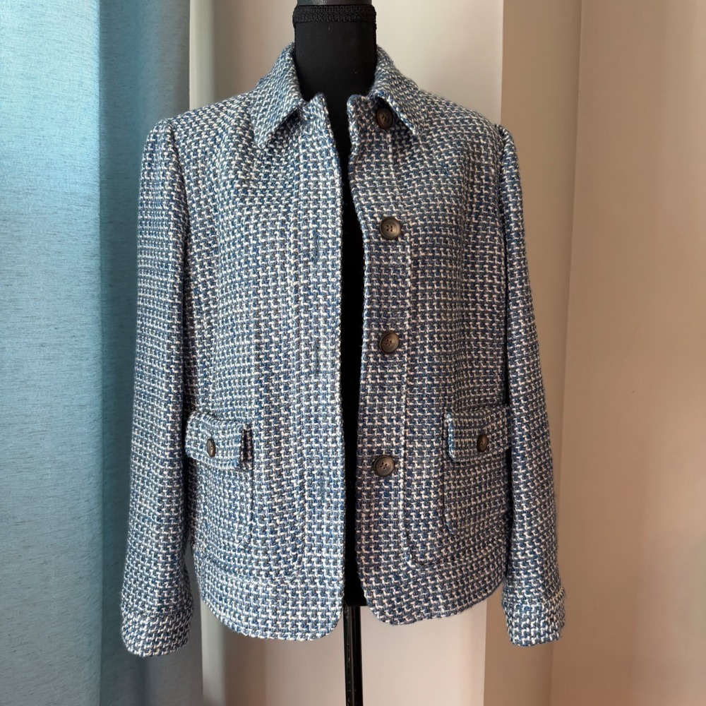 Talbots Tweed Blazer Jacket Womens 12 Blue White Wool Blend Button Front Flap